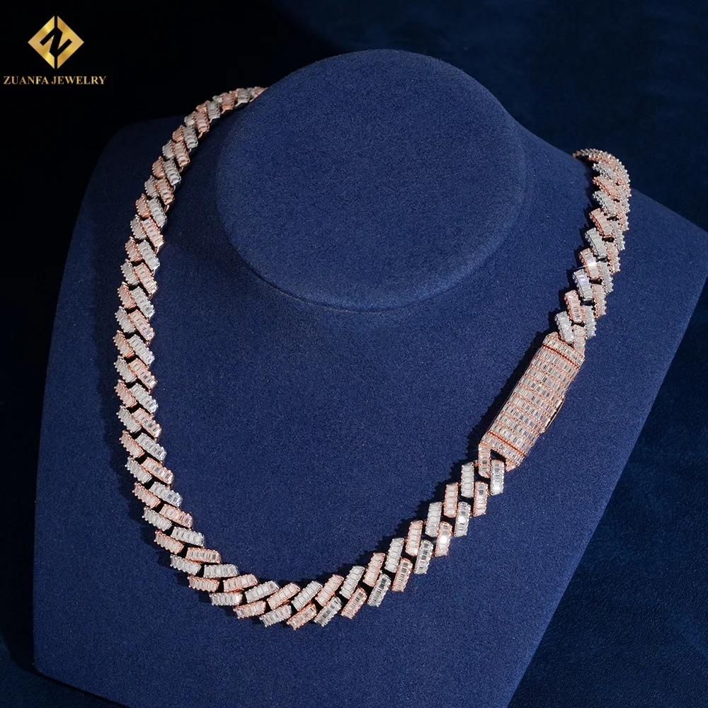 Women's White Rose Gold Plated 18K Solid Gold Moissanite Statement Necklace Baguette Cut GRA Certified Luxury Geometric Design..