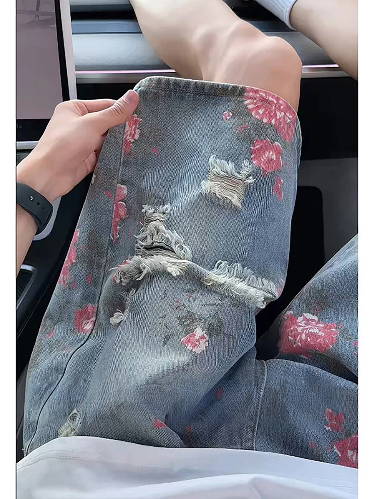 Rose Print Floral Hole Denim Shorts Men's Summer High Waist Slim Fit Five-Quarter Vibe Straight Leg Non-Belted Zipper Casual ...