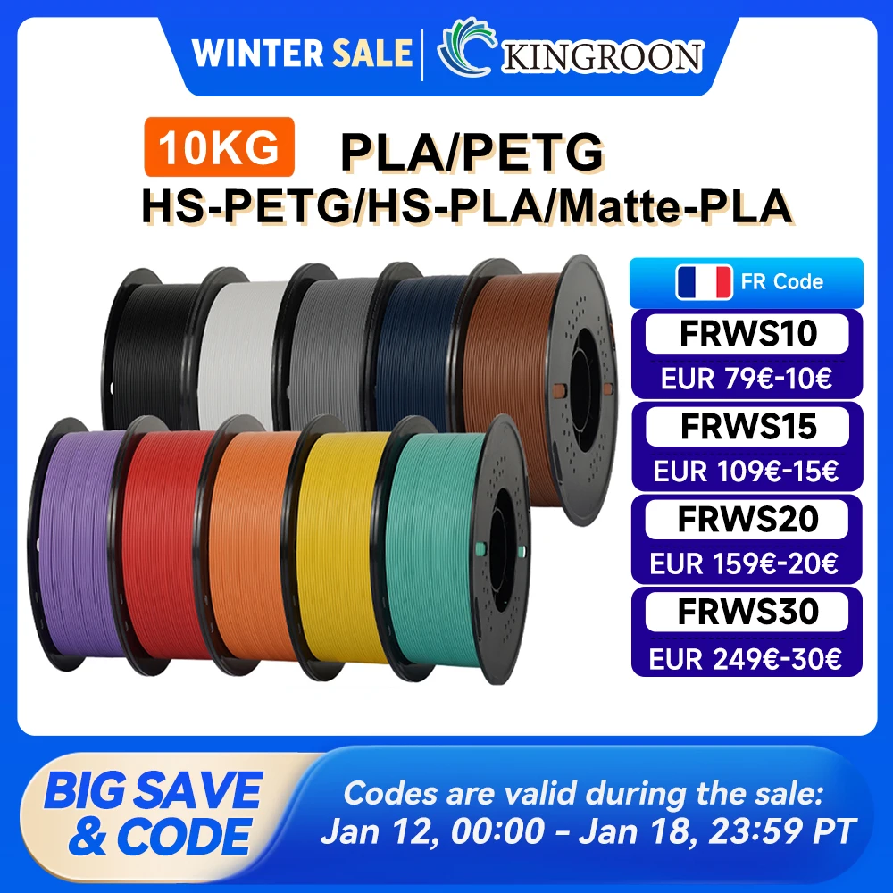 KINGROON 10KG(22LBS) PLA PETG HS-PLA HS-PETG Filament 1.75mm matériau d'imprimante 3D haute vitesse mat PLA 1kg * 10 rouleau mélange de couleurs