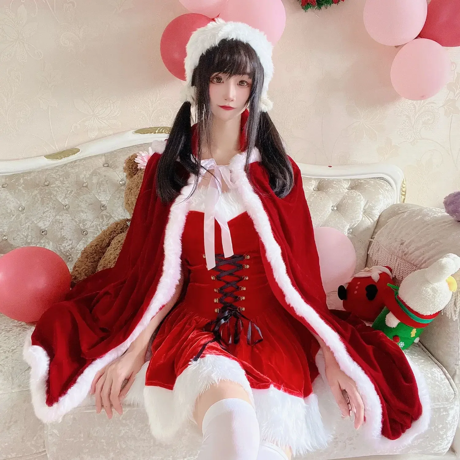 

Christmas Corset Dress with Feather Hat and Christmas Cloak Cape Lady Christmas Costumes Cute Sexy Red Bunny Cosplay Party