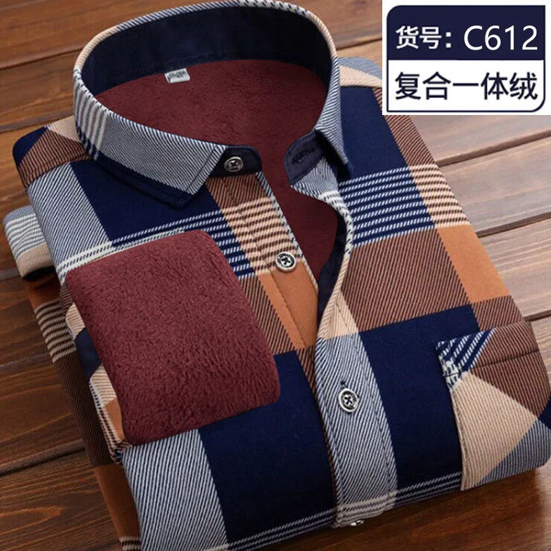 2024 Autumn and Winter New Fashion Trend Plus Fleece Thick Warm Shirt Men\'s Casual Loose Comfortable Plaid Long-Sleeved Shirt