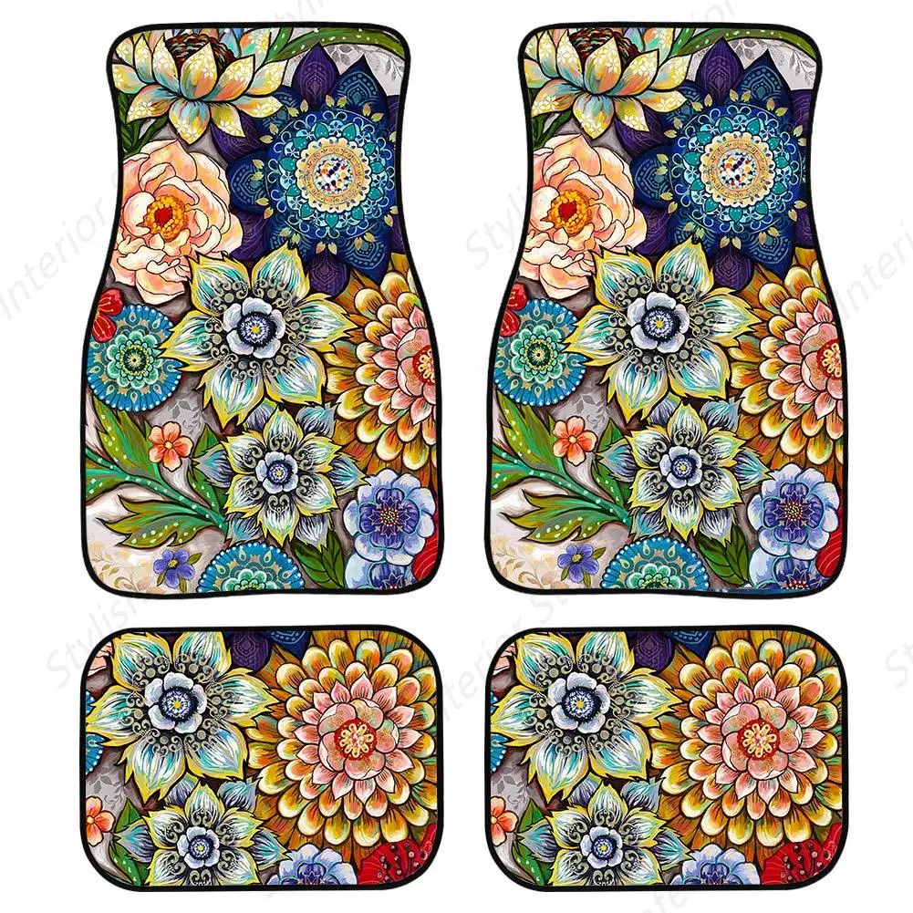 

Decorative Boho Floral Print Car Floor Mats Front & Rear Liners Set,Universal Fit Auto Carpet Floor Mats Set of 4 for Women Man