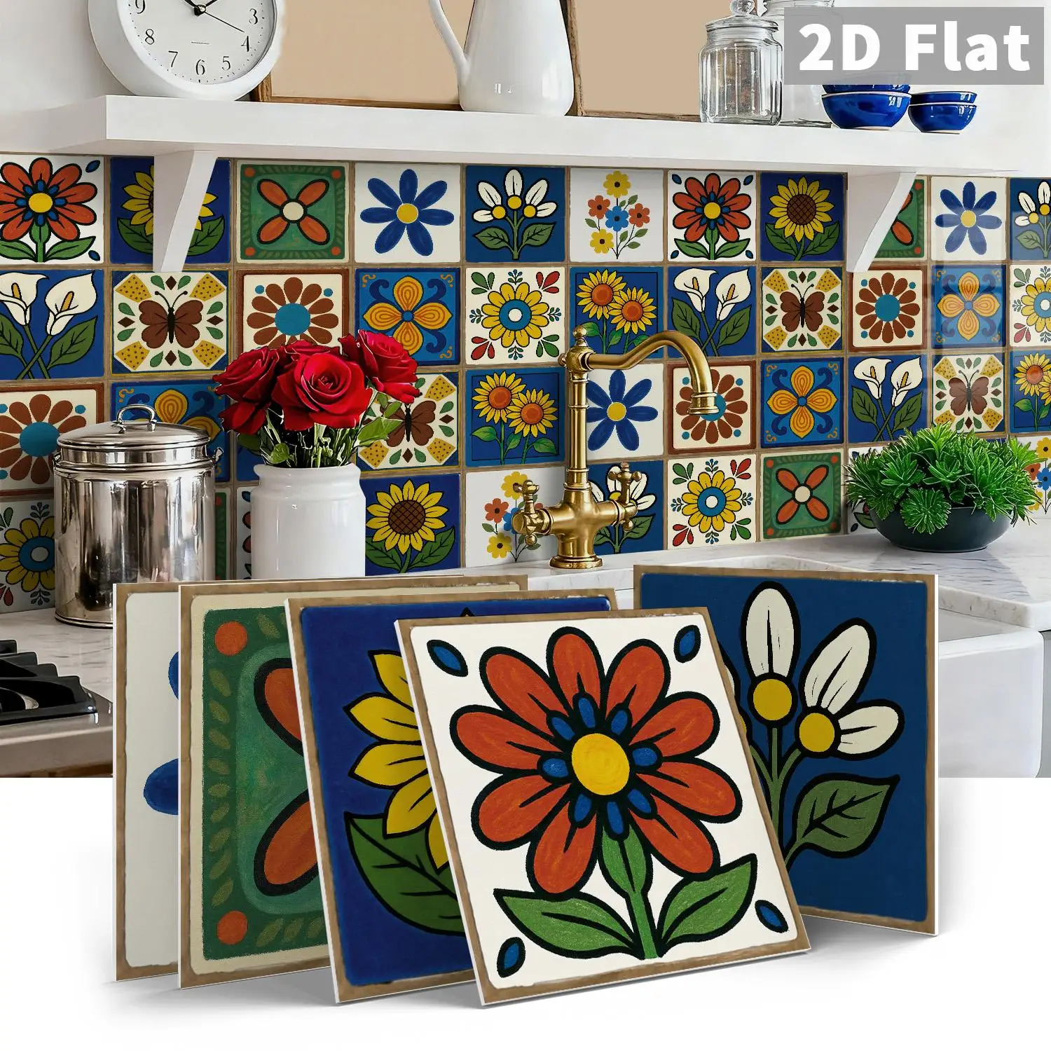 Vintage flower pattern wall tile sticker 15cm thick foam detachable home decoration, used for cabinet back panel