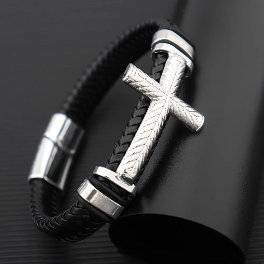 braided bracelet men Cross Stainless Steel Leather Bracelet Charm Magnetic Men Bracelet Genuine Braided Punk Rock Bangles Jewelr