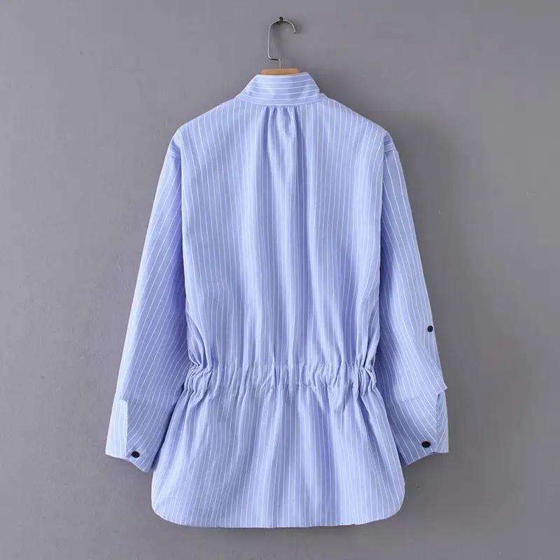 women vintage stand collar striped bow tie drawstring casual smock blouses shirts women chic kimono blusas femininas tops LS2773