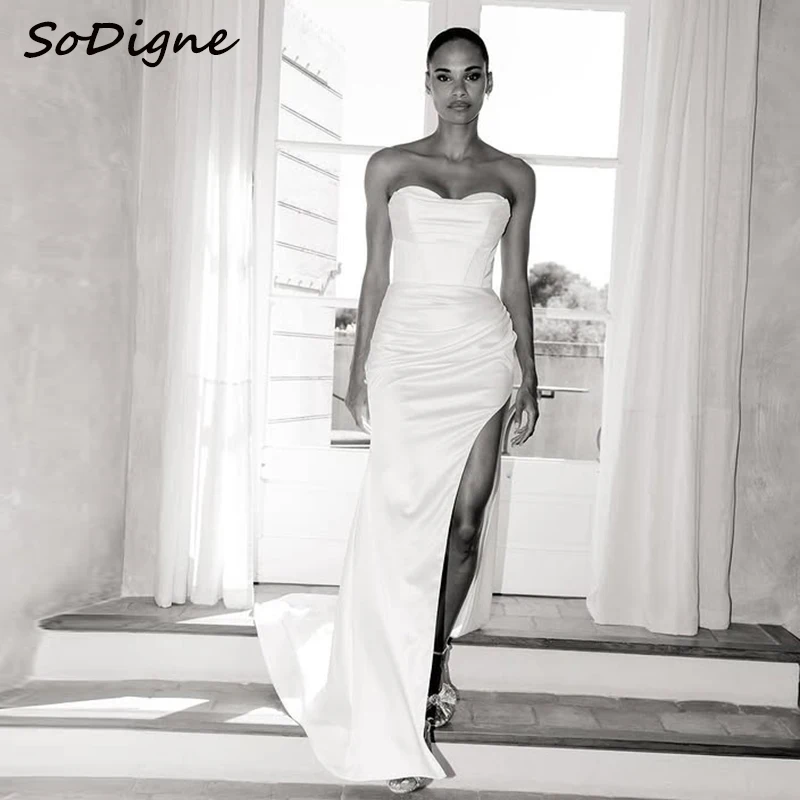 

SoDigne Mermaid Satin Wedding Dresses Sweetheart Sleeveless Bridal Dress Split Long Wedding Gown Robe De Mairee ﻿Customized