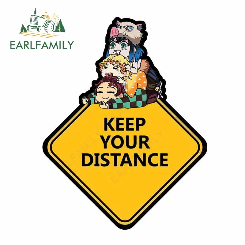 EARLFAMILY Keep Your Distance Car Stickers Anime Safety Sign JDM Trunk Decal Cartoon Car Accessories