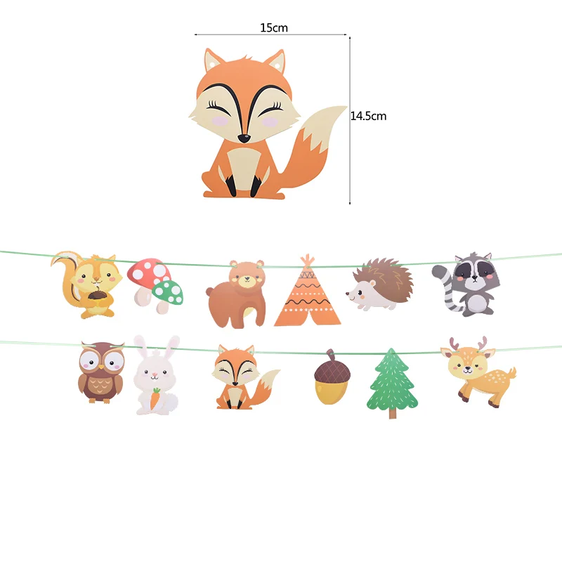 Jungle Animal Flag Banner Forest Squirrel Hedgehog Cat Fox Bunting Paper Garland Baby Shower Kids Happy Birthday Party Decortion