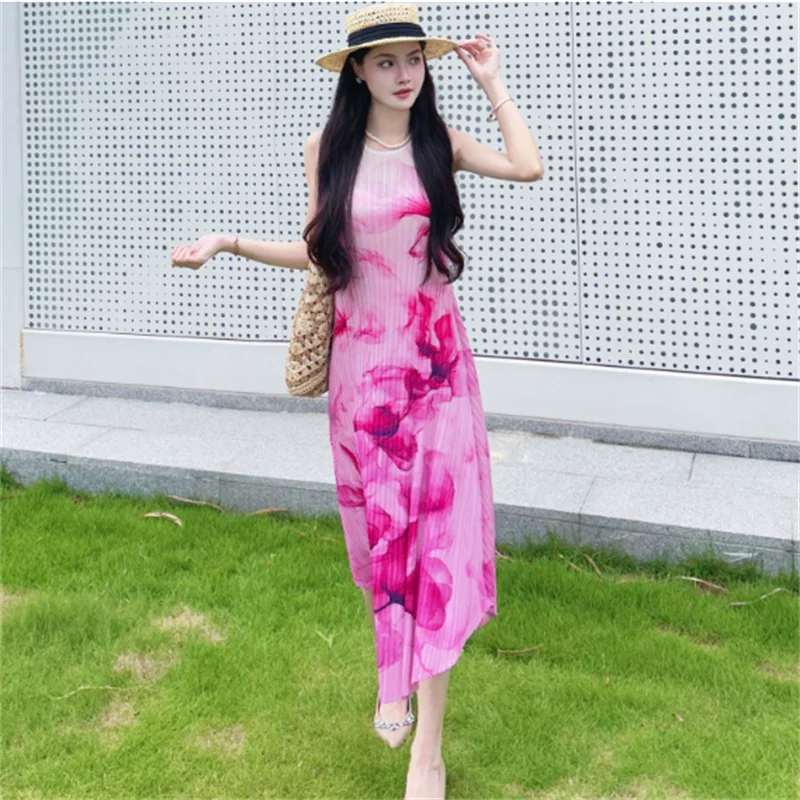 

Miyake 2025 Summer New Round Neck Sleeveless Dress Temperament Gradual Change Color Muse Fan Sweet Pleated Medium and Long Dress