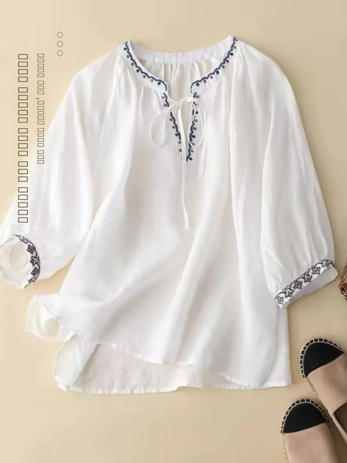 

Loose Cotton Linen Women's Top Summer Design V-ne Embroidered Sweatirt Versatile Oversized Large Size Five-sve irt T...