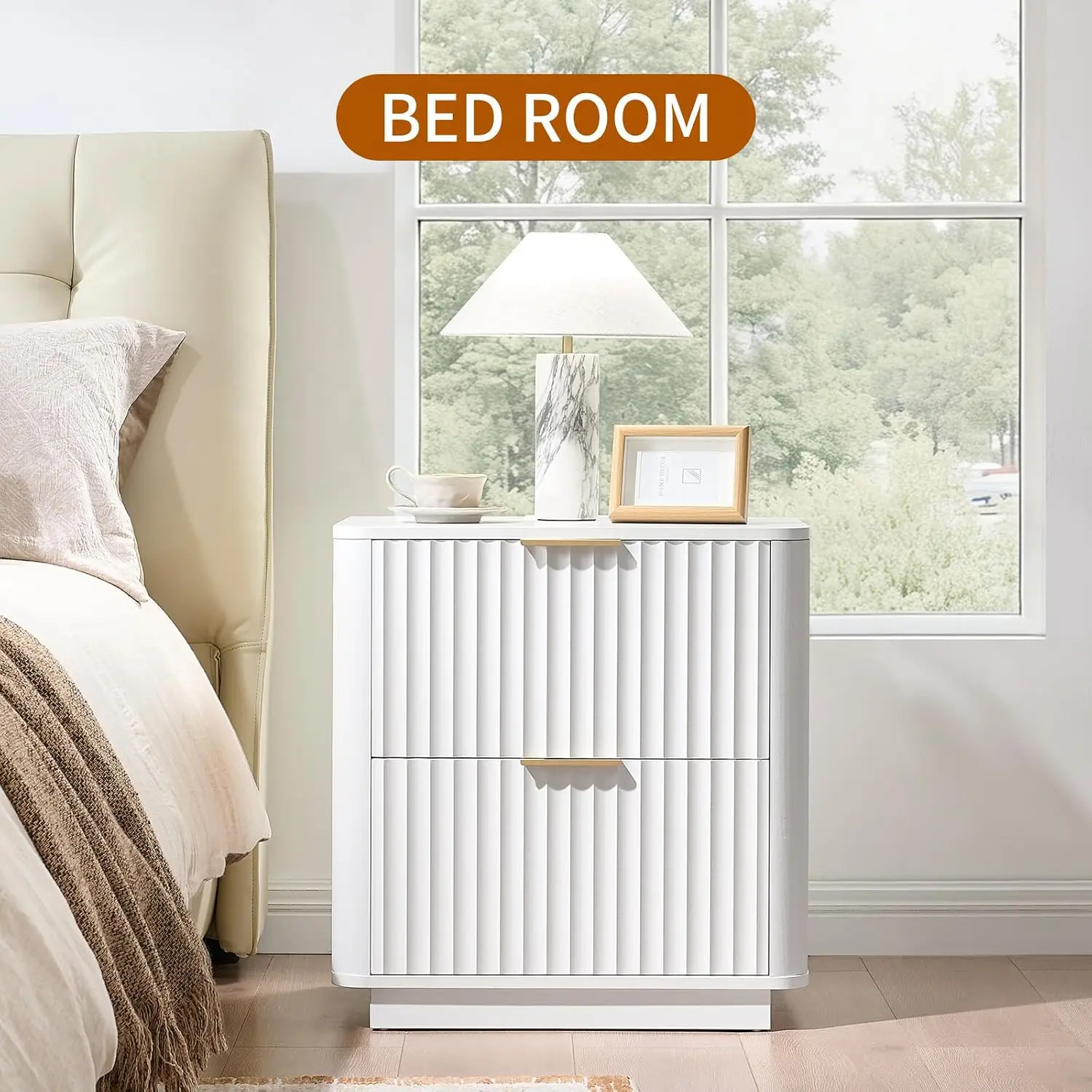 2PCS 23Inch Wide Mid Century Modern Fluted Wood Nightstands With Charging Station luxury Bedroom Bedside Tables Customized