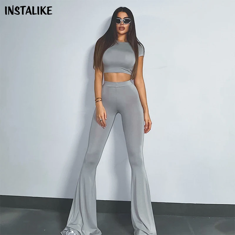 

InsLike-Monochrome Short Sleeve Crop Top Flare Pants Set Women,Elegant Yoga Sport Sets Casual High Street Fashion Matching,2 Pcs