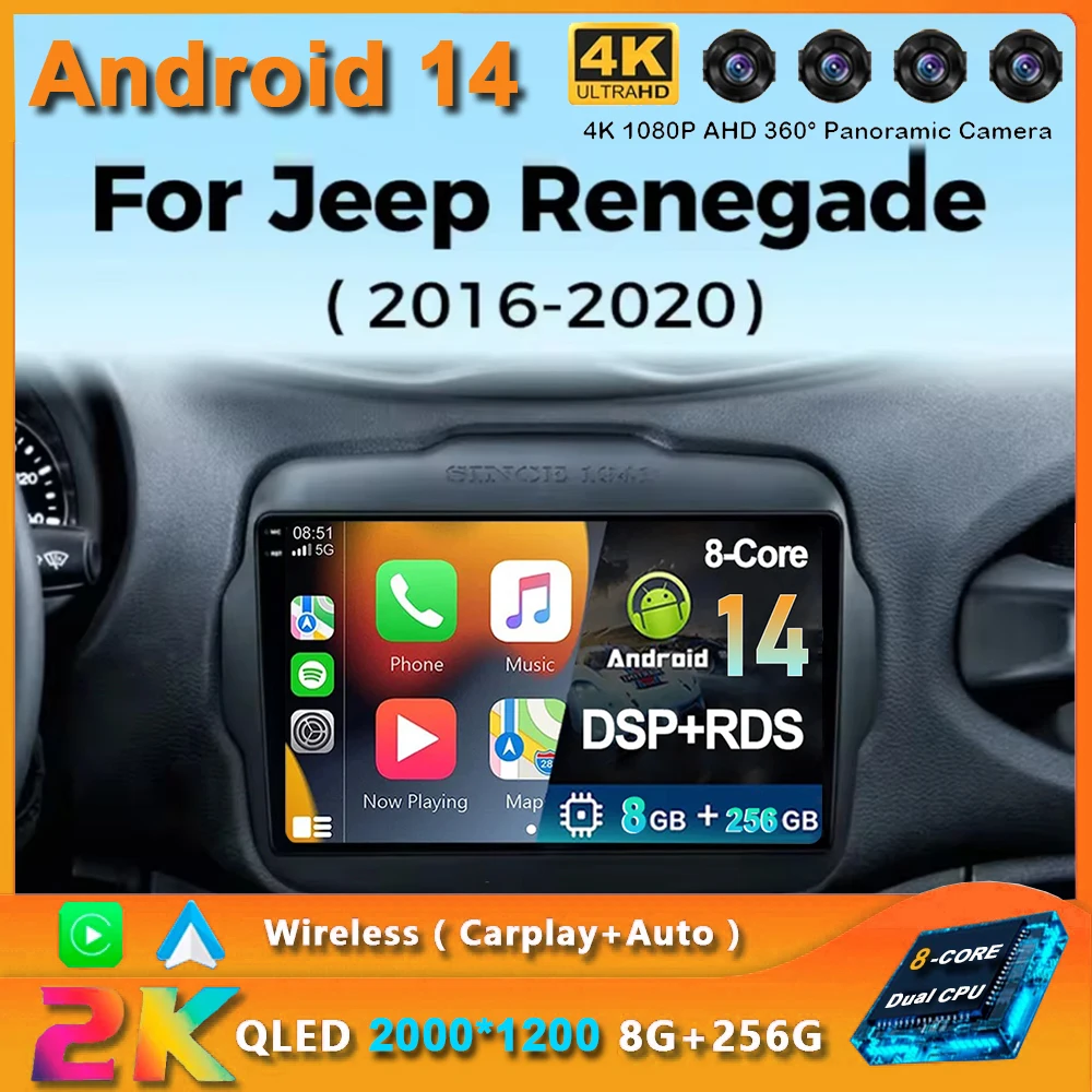 

Android 14 Multimedia Player For Jeep Renegade 2016-2020 Carplay Android Auto Car Radio Stereo 4G Wifi 360 camera head unit DVD