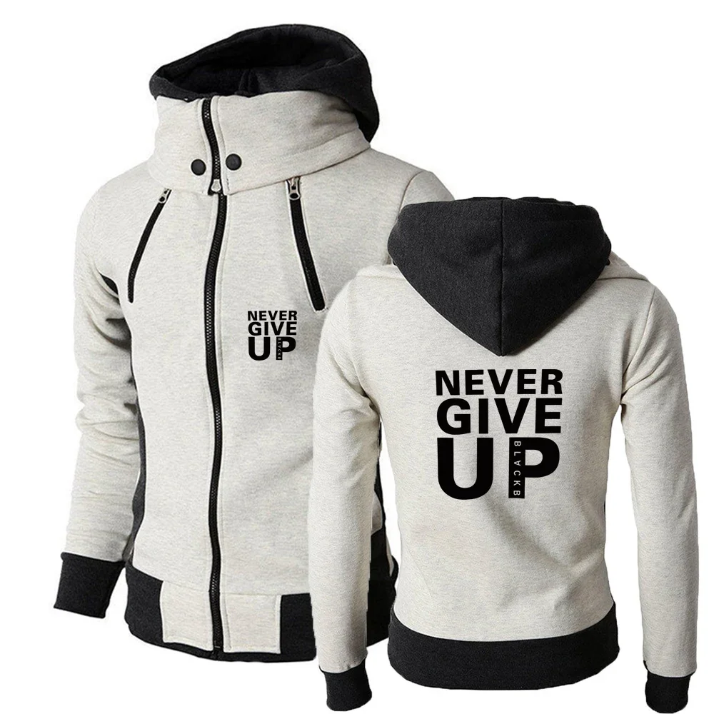 Never Give Up New Print Men Spring Autumn Three-Color Double Oblique Zipper Hoodie High-Quality Causal Comfortable Sports Tops