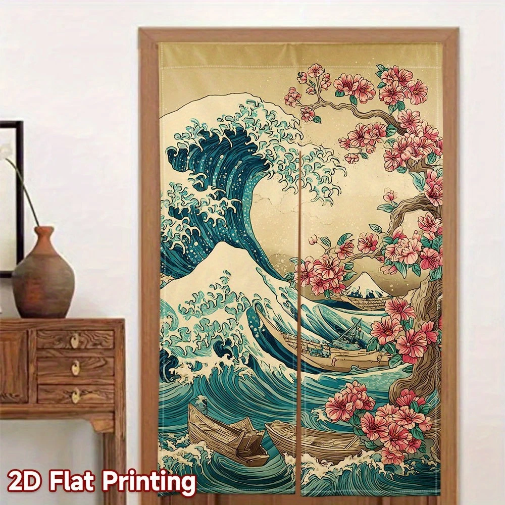 VIKAMA Kanagawa Wave Japanese Door Curtain, Mount Fuji and Cherry Blossoms Half Door Curtain, Room Divider and Home Decor