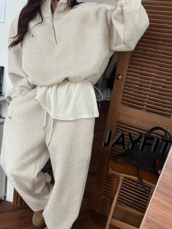 

Корейский утепленный худи-костюм для женщин: толстовка на молнии с капюшоном и повседневные брюки с эластичным поясом и манжетами, комплект из двух предметов