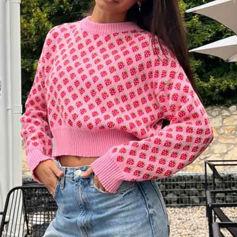 Maglione pullover girocollo 2025 Autunno/inverno Nuovo maglione jacquard fragola Maglione corto a maniche lunghe per donna