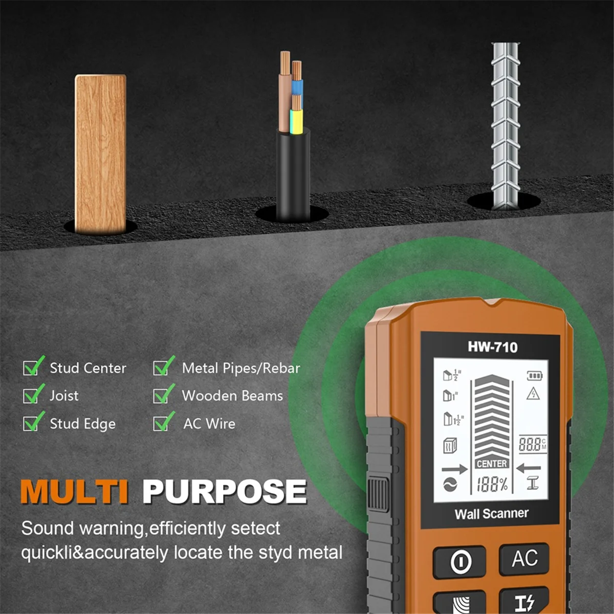 

A47ZZ Wall Metal Detector Depth Wall Stud Finder Metal Wood Studs AC Voltage Live Wire Detect Wall Scanner Electric Box Finder