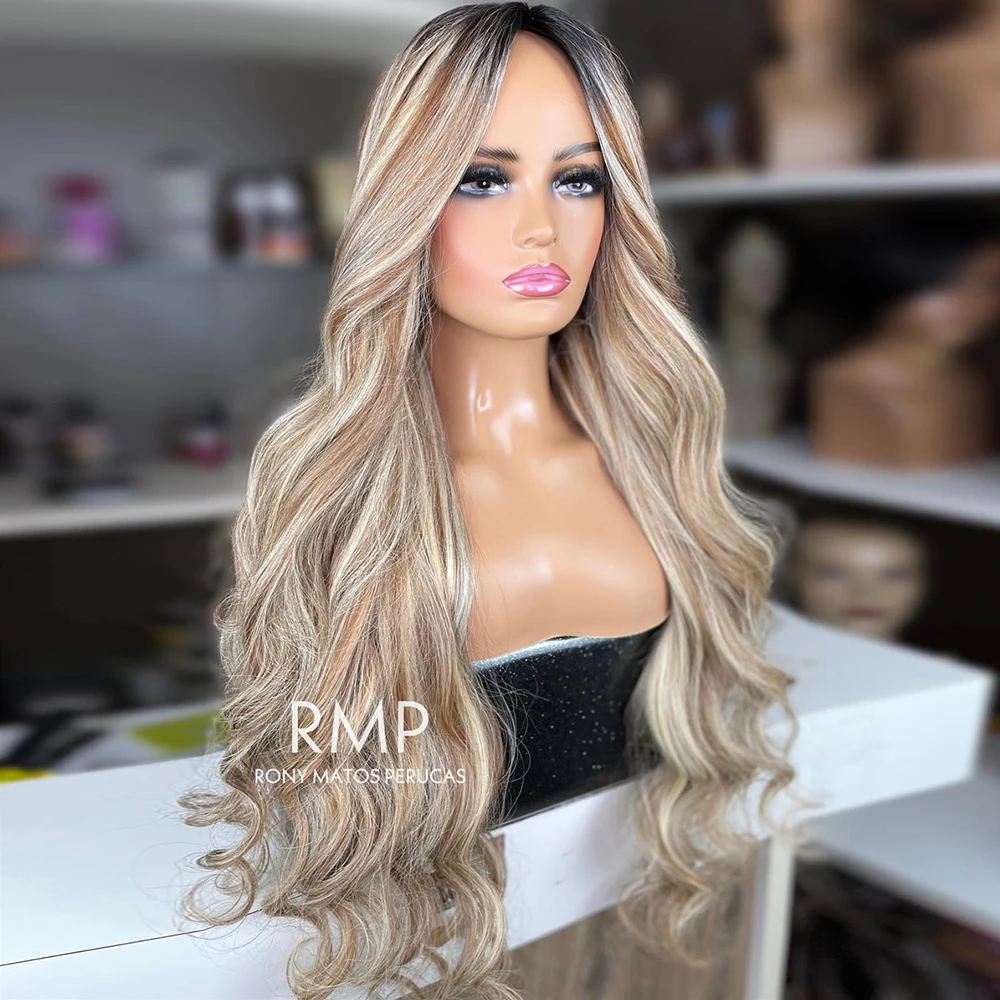 Ombre Brown Blonde Highlights Body Wave Wig With Dark Roots 13x4 Lace Front Wig 28” Pre-plucked Synthetic Wig for Women Cosplay