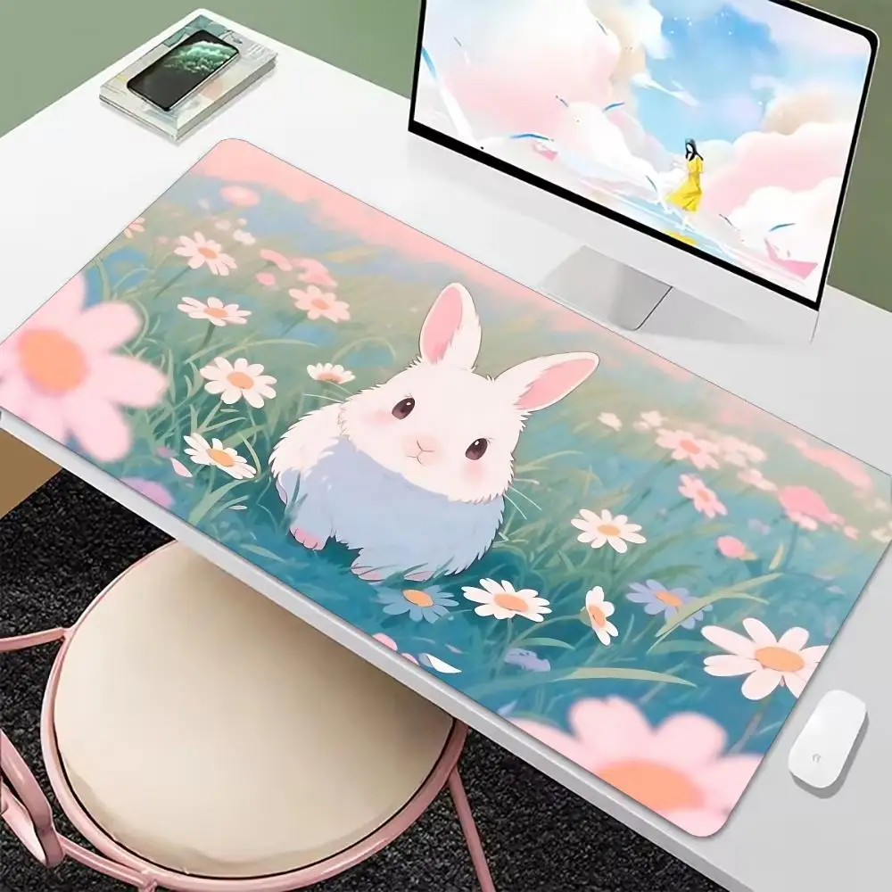Cute White Rabbit Large Gaming Mouse Pad Extended Desk Mat XXL Non Slip Rubber Stitched Edge Esports Computer Pc Office Base