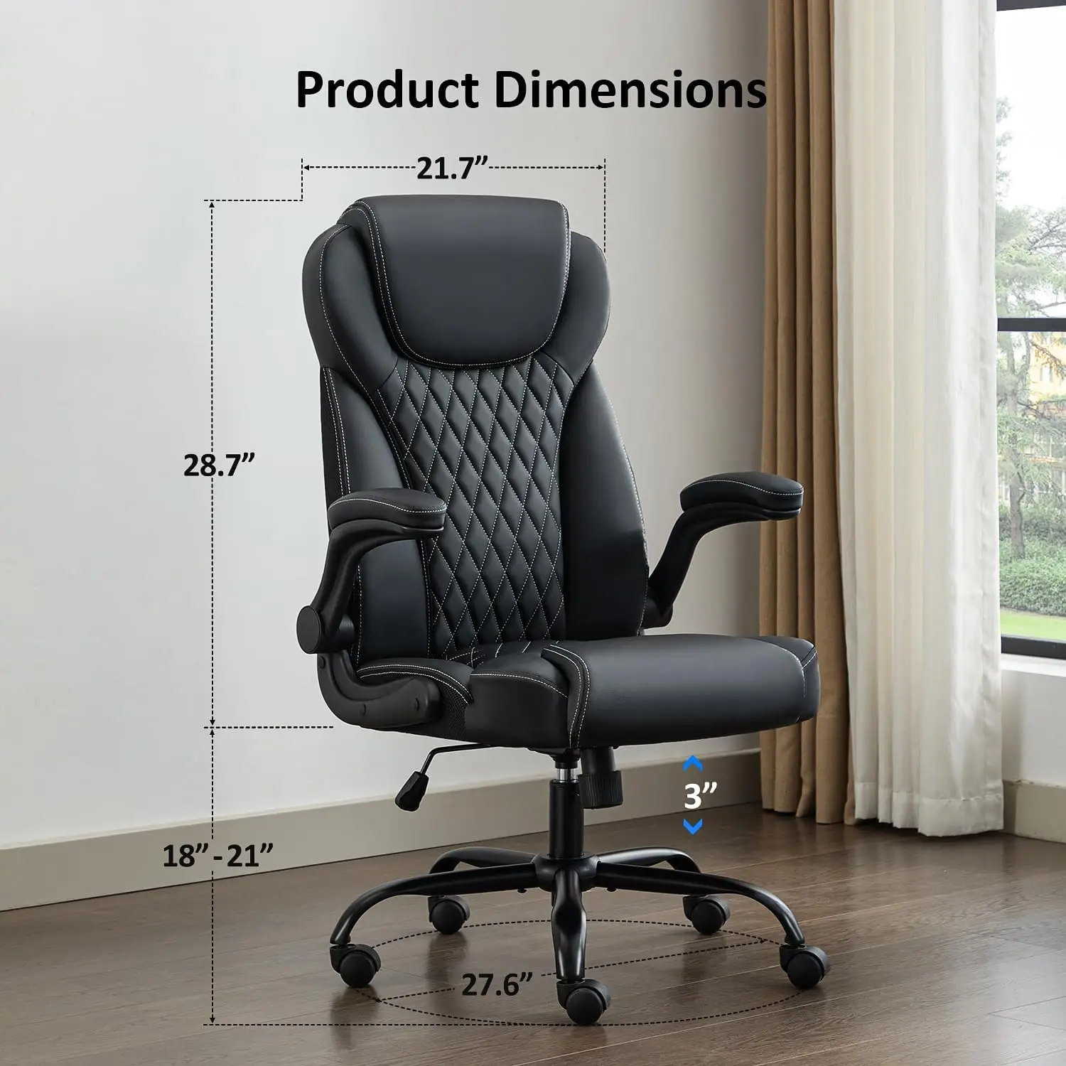 Executive Leather Office Chair, Ergonomic Desk Chair with Adjustable Arms, Lumbar Support & Rocking Function (Black)