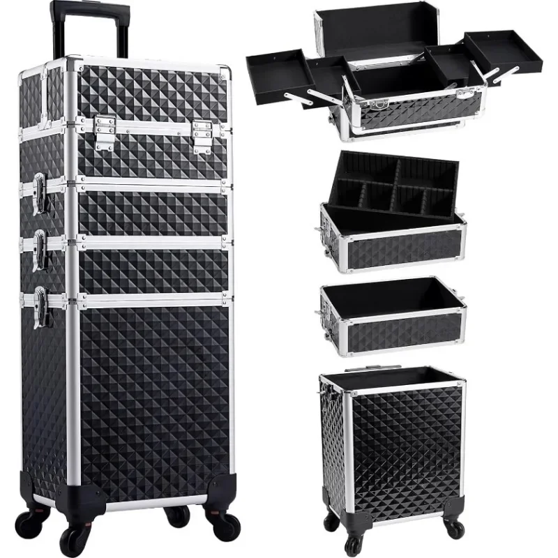 Makeup Case with Wheels, 4-in-1 Makeup Train Case, Cosmetic Makeup Trolley Cart Travel Cosmetology Case on Wheels with Key