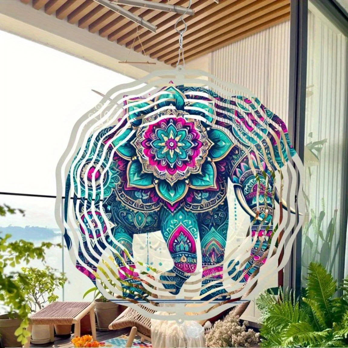 CIFBUY Windspiel aus Metall, Windrad mit Elefanten-Mandala, Buntglasperlen, Dekoration für Garten und Außenbereich