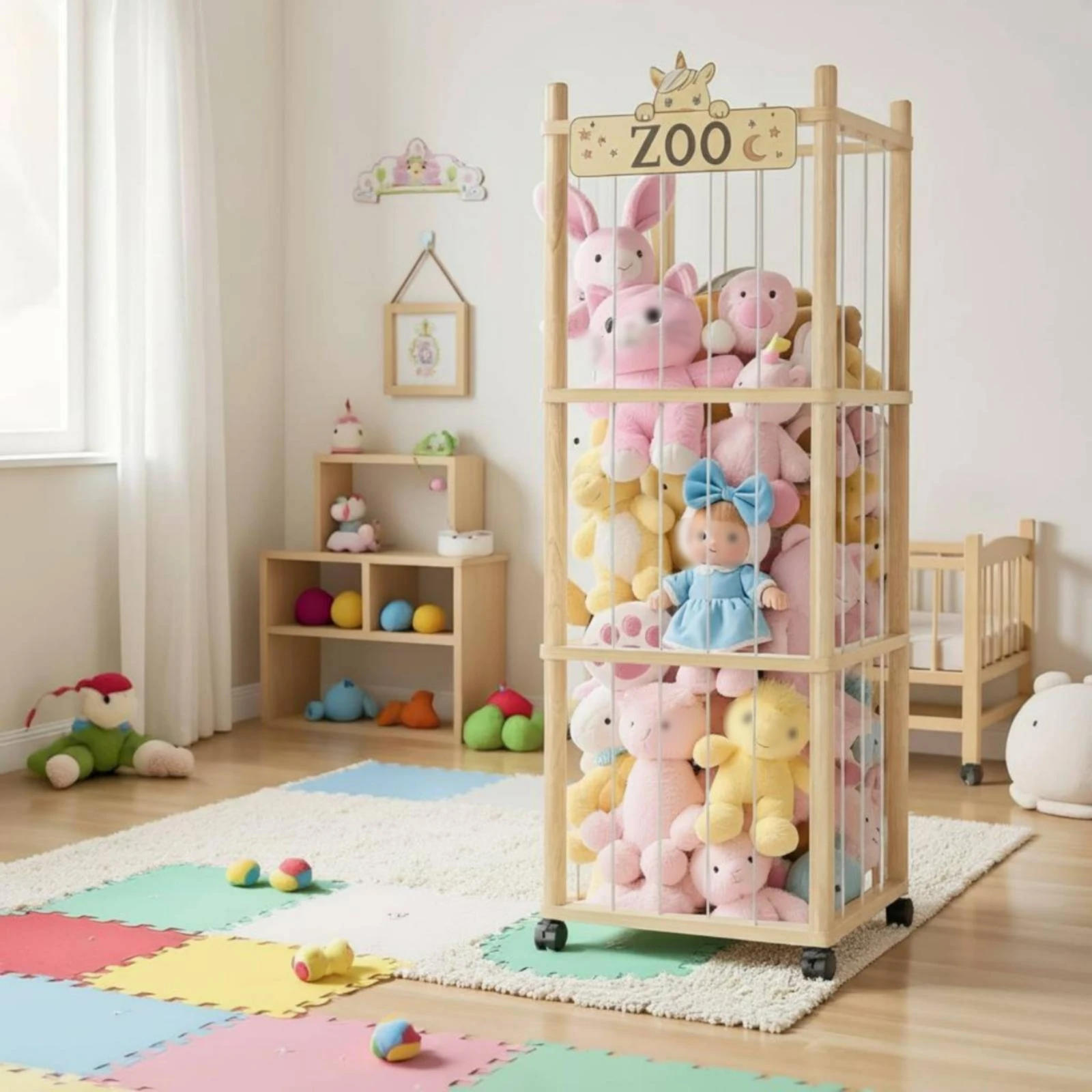 Wooden Stuffed Toy Storage Enclosure Natural Wood Finish Wooden Stuffed Creature Storage Unit Stuffed Toy Organizer on Wheels