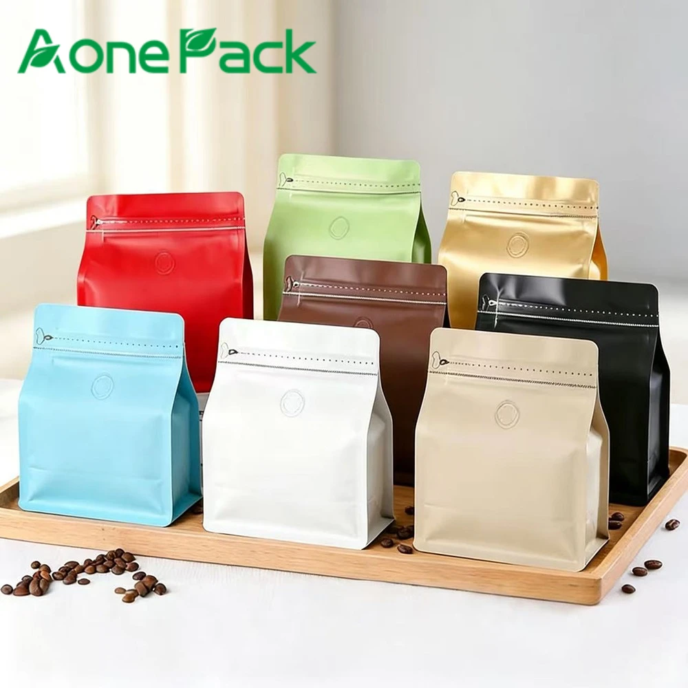 50pcs Square Bottom Coffee Bean Powder Bag with Valve 100g 250g 500g 1kg Size Custom Print Protein Powder Food Storage Packaging