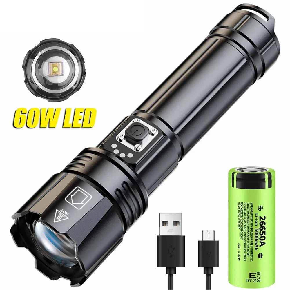 

D2 Powerful LEP Flashlight USB Rechargeable Zoomable Emergency Torch Super Bright Spotlight Long Range Tactical Camping Lantern