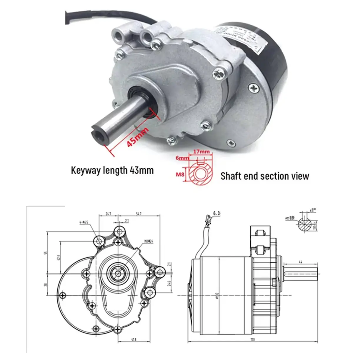 High Torque 350W Brushed DC 24V Motor for Electric Wheelchairs Replacement Suitable for Wheelchair Repair 75RPM