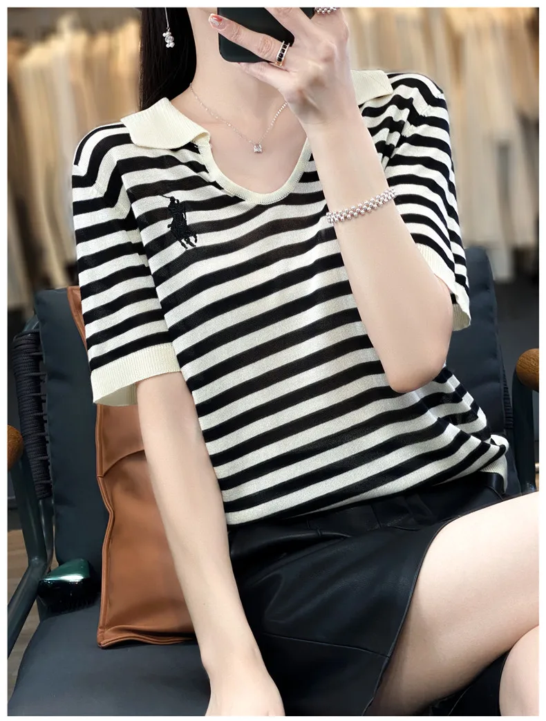 New Embroidery Loose Short Sleeve Striped T-shirt Summer Women\'s Fashion Short Sleeve Top