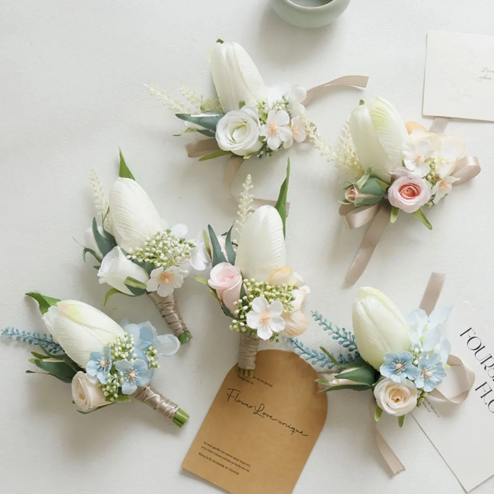 Tulip Corsage and Boutonniere Set for Wedding Prom Artificial Rose Flower Homecoming Corsage Boutonniere for Men Wedding