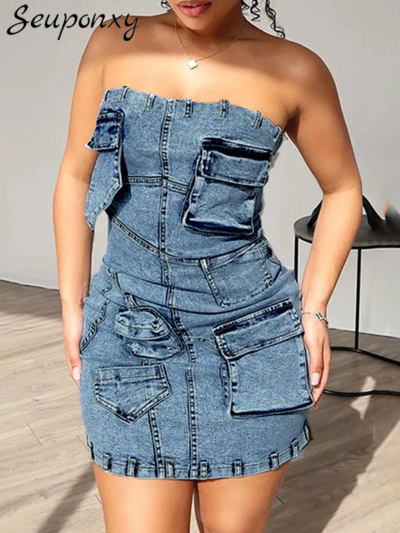 

High Quality Women'S Fashion Street Mini Denim Dress 2024 New Sexy Strapless Backless Multi Pocket Celebrity Party Vestidos