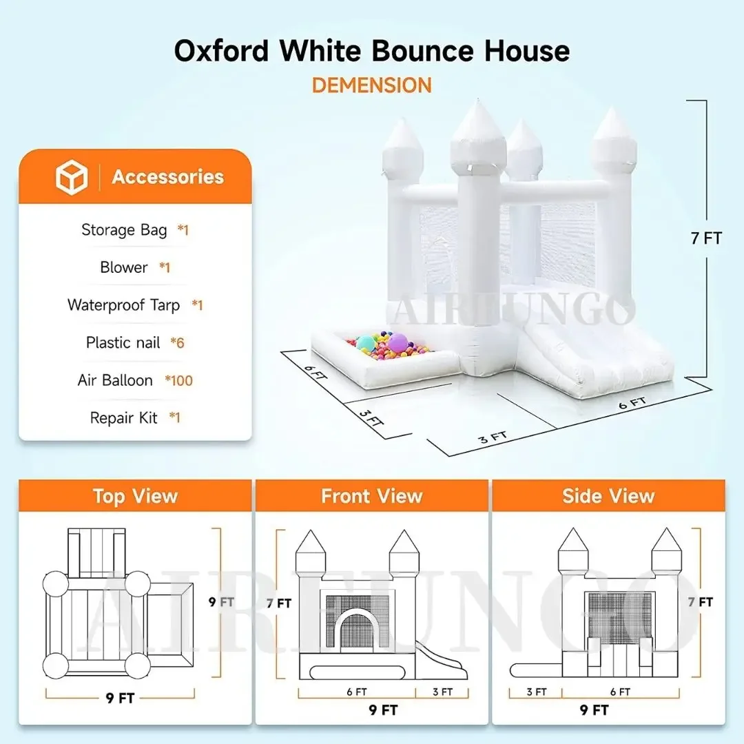 Casa inflable de rebote blanca para fiesta de niños, 9x9x7 pies, con tobogán y piscina de bolas, personalización, castillo inflable Oxford, incluye soplador
