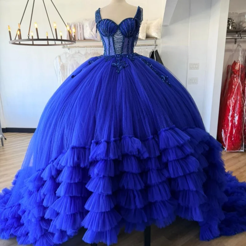 

Royal Blue Quinceanera Dress off-shoulder Glitter Crystal Decal Lace Layering Long tail vestidos de 15 Quinceanera ﻿Customize