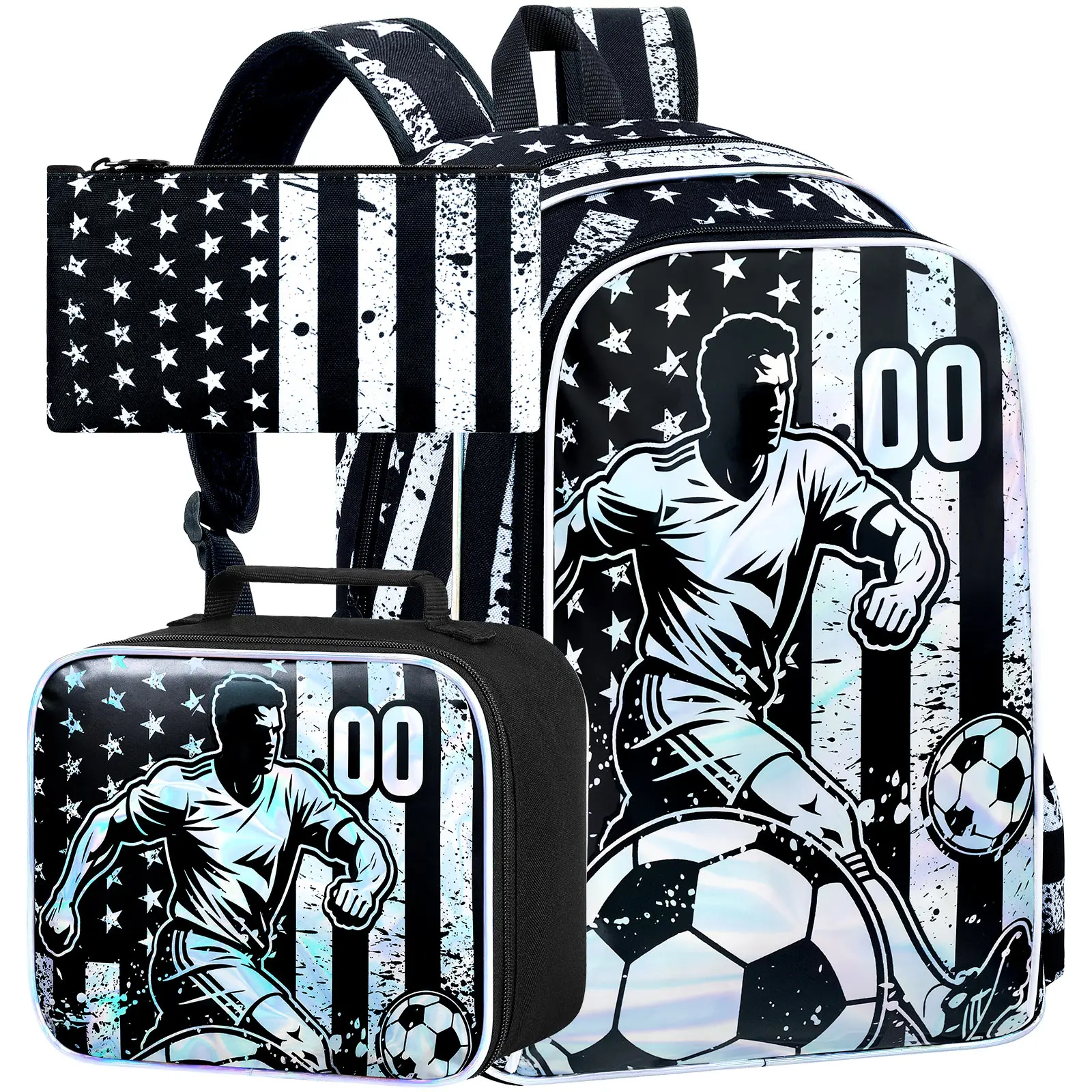 Tas Ransel Sepak Bola 17 inci untuk Anak Laki-laki, 3Pcs Tas Sekolah Anak Tahan Air untuk Prasekolah, Tas Sekolah TK Keren dengan Kotak Makan Siang