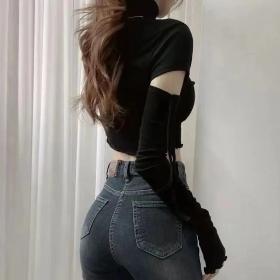 Fashionable Korean Instagram High Neck High-Rise Slit Openwork Tie Detail Long Sleeve Slim Cropped T-Shirt Women