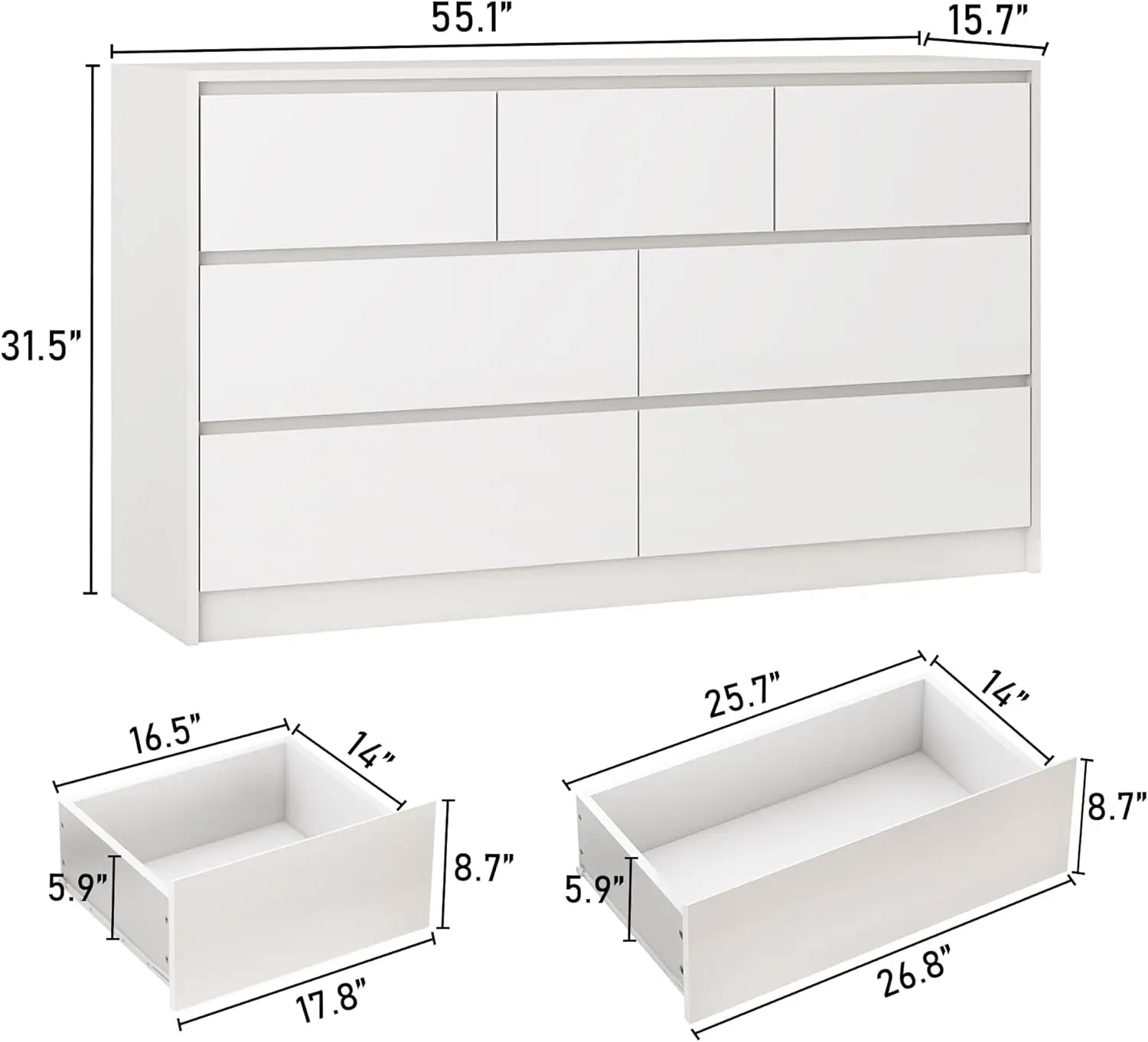 Long Dresser High Gloss Dresser with 7 Drawers, Modern Large Wood Chest of Drawer Handle Free, Dresser for Kids Bedroom, Living