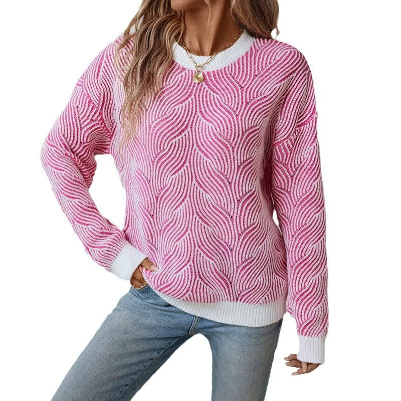 Striped Round Neck Sweater Loose Fit Graceful Commuter with Heat Set Finish Medium Weight Elegant Single Pullover Women Sweater