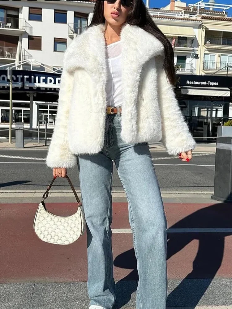 HH 2024 abrigo Vintage de piel sintética sólida para mujer, abrigos de lana de felpa cálidos de manga larga con cuello vuelto, prendas de vestir para invierno y otoño para mujer