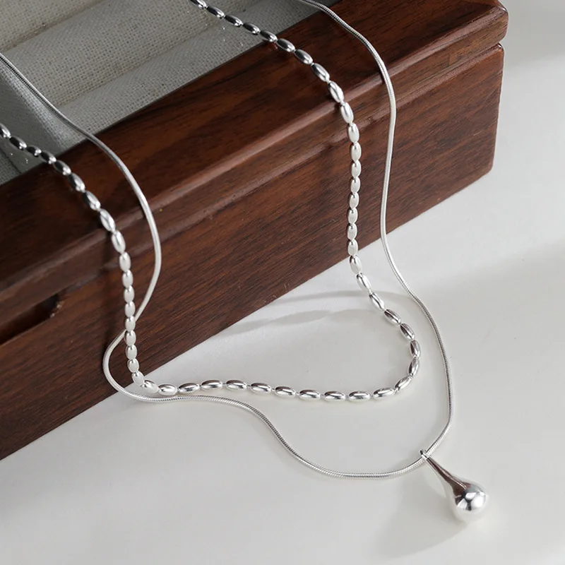 925 Sterling Silver Rice Droplet Necklace Simple And Versatile Double-Layer Snake Bone Chain Personalized And Elegant Jewelry