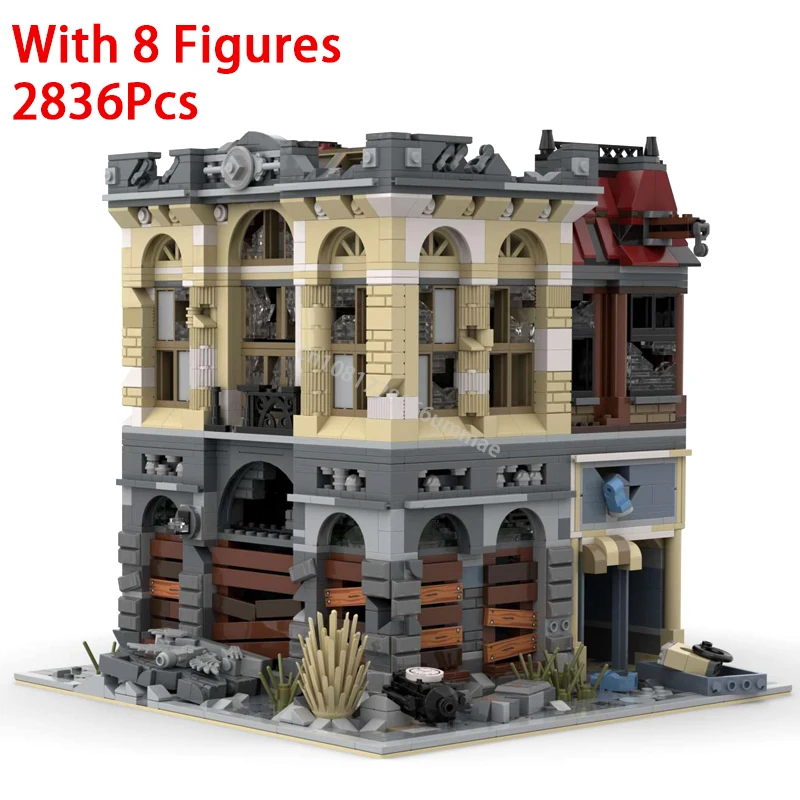 MOC Brick Bank Apocalypse Version Street view Building Blocks City Ruins Modular Architecture MOC-41175 Set Bricks Toys Gifts