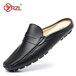 YRZL Slippers Summer Slip on Half Shoes for Men Leather Slippers Casual Breathable Comfy Loafers Moccasins Brown Black Beige