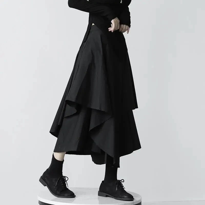 Gothic Women Irregular Cargo Skirts Punk Streetwear Loose Midi Skirt Y2K Summer Fashion Female Black Pleated Skirts