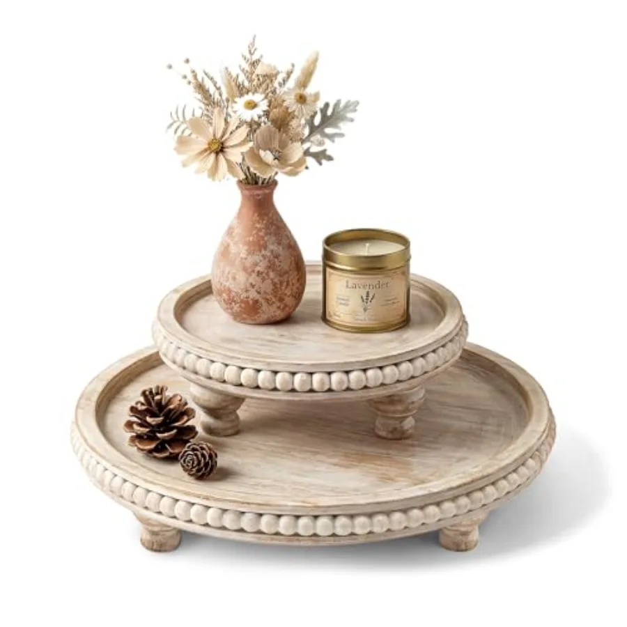 

Round Pine Wooden Display Riser Set of 2 for Home Decor - Beaded Pedestal Stand for Bathroom and Coffee Table - Decorative Tray