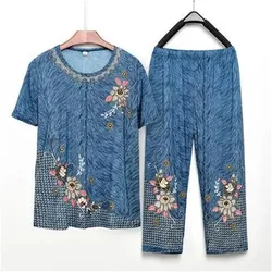 2PCS Middle-Aged Elderly Mother's Two Piece Set Summer Female Outfit Short Sleeve Loose Breathable Top + Seven Points Pants Suit