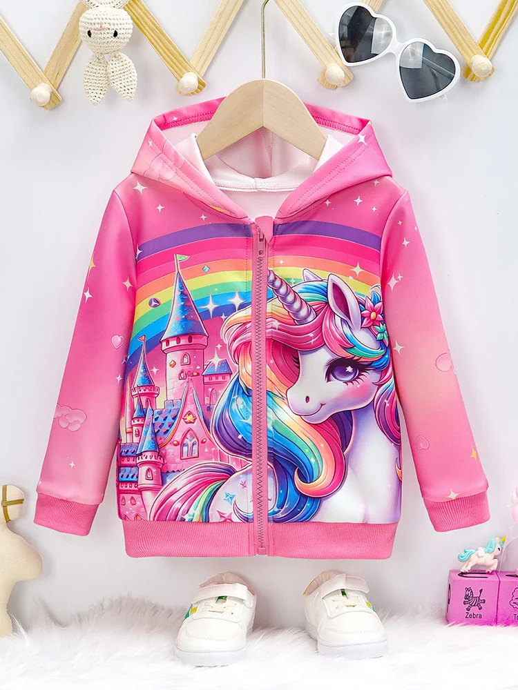 Girls Autumn Rainbow Castle Unicorn Long Sleeve Cardigan Hooded Jacket