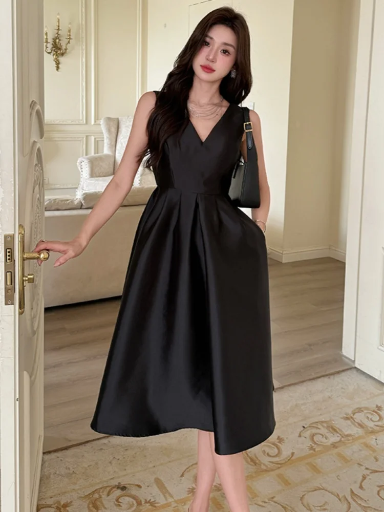 SMTHMA فستان صيفي جديد أسود مثير برقبة على شكل حرف v من الساتان الراقية للنساء بخصر نحيف بدون أكمام للحفلات