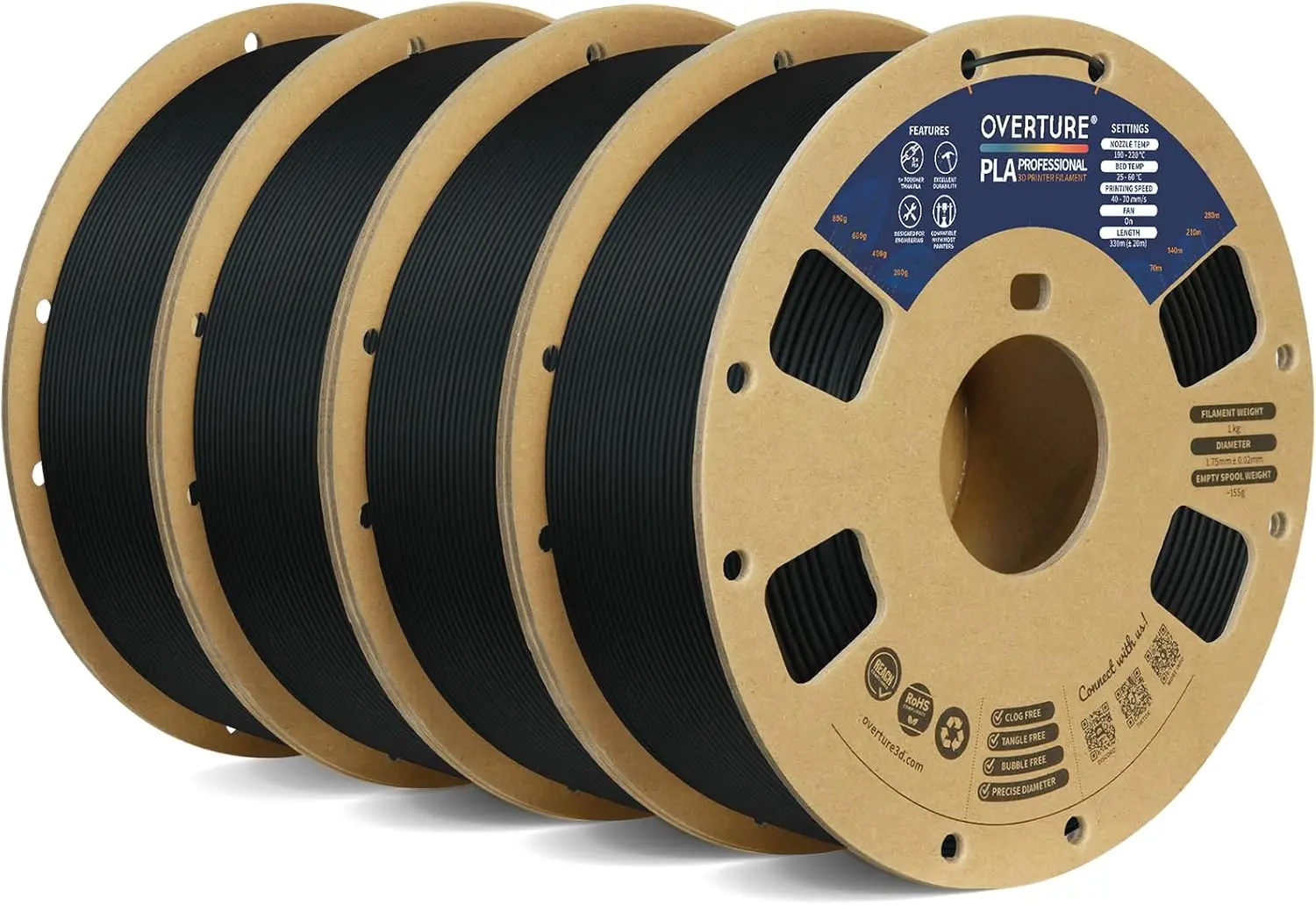 

Филамент PLA Plus 4 кг, 1,75 мм, прочный и долговечный, для 3D-принтеров, 4 упаковки, черный, высокая точность +/-0,02 мм